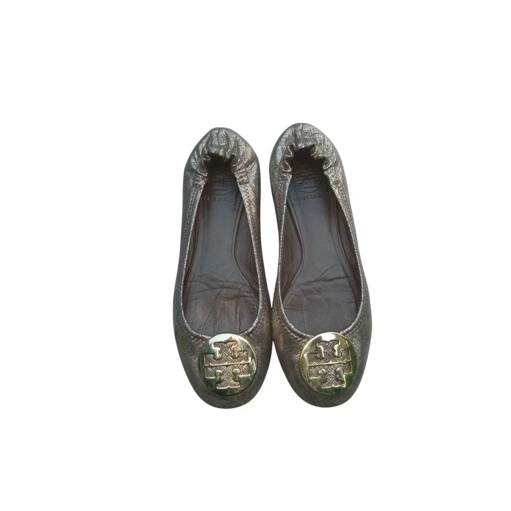 TORY BURCH Size 6.5 MINNIE Travel Ballet Flats, Gold Brown leather Slip On